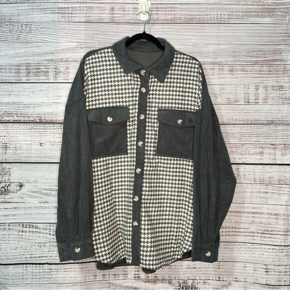 Plus Size 2X Corduroy Houndstooth Colorblock Shacket Jacket Gray and White - Picture 6 of 8